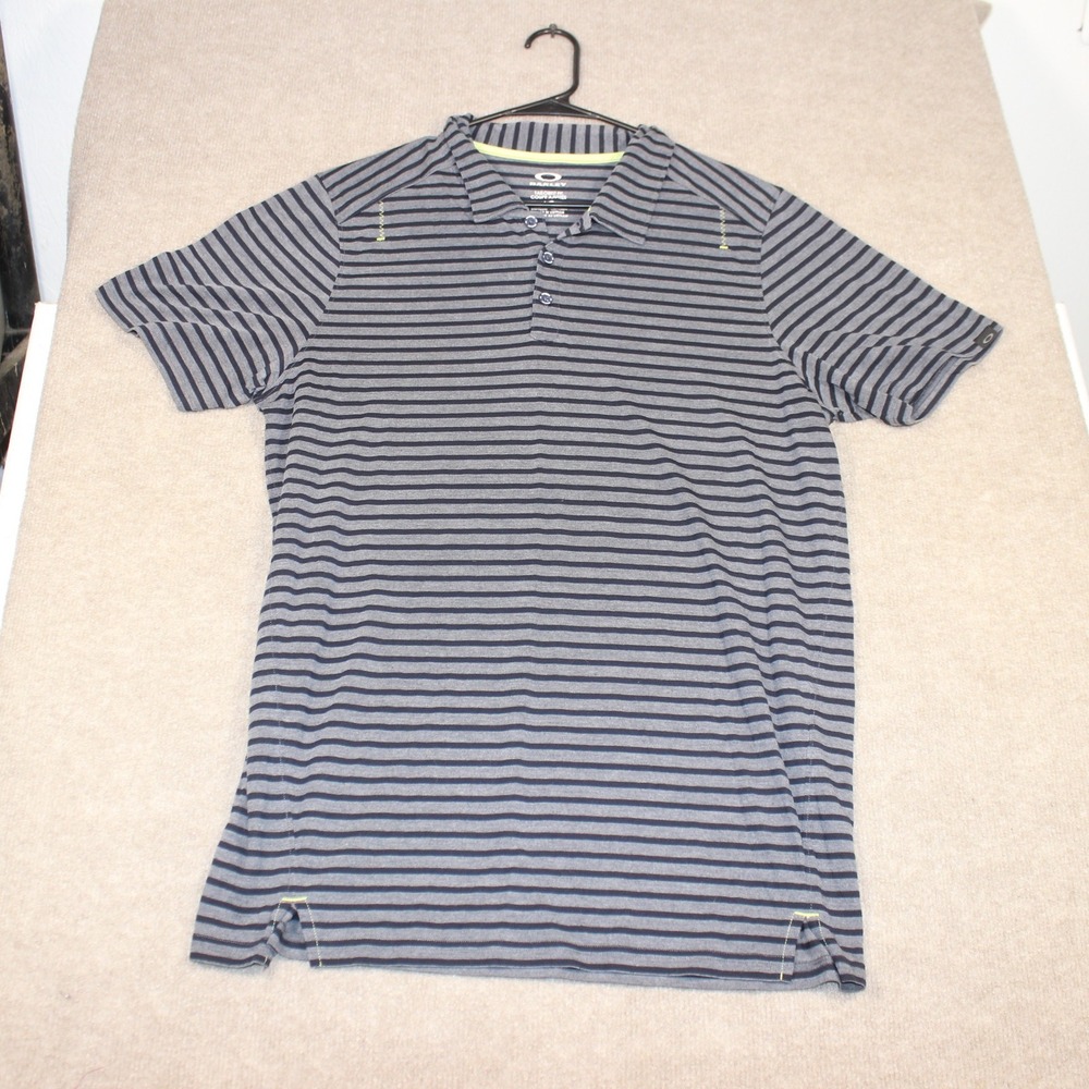 Oakley Mens Tailored Fit Polo Shirt Grey Navy Blue Striped Short Sleeve Golf Top